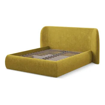 Pat matrimonial galben mustar tapitat cu spatiu de depozitare cu somiera 140x200 cm Hauke - Makamii imagine