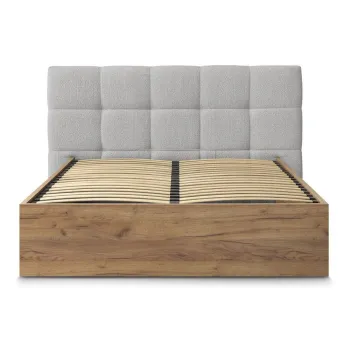 Pat matrimonial gri tapitat/din placa aglomerata de lemn tapitat cu spatiu de depozitare cu somiera 180x200 cm Kumo - Bobochic Paris imagine