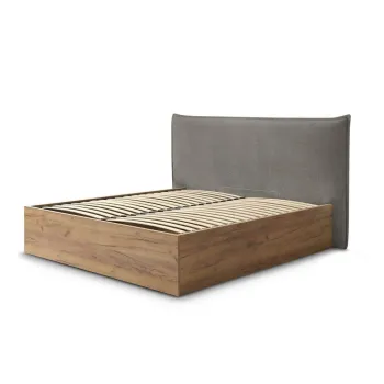 Pat matrimonial gri/taupe tapitat/din placa aglomerata de lemn tapitat cu spatiu de depozitare cu somiera 180x200 cm Charlie - Bobochic Paris imagine