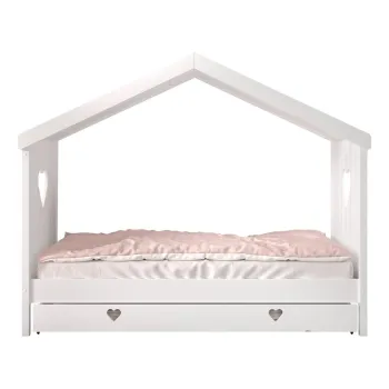 Pat pentru copii alb de tip casa/cu extensie suplimentara din lemn masiv de pin cu spatiu de depozitare 90x200 cm AMORI - Vipack imagine