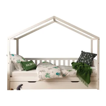 Pat pentru copii alb de tip casa/cu extensie suplimentara din lemn masiv de pin cu spatiu de depozitare 90x200 cm DALLAS - Vipack imagine