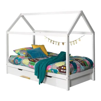 Pat pentru copii alb de tip casa/cu extensie suplimentara din lemn masiv de pin cu spatiu de depozitare 90x200 cm DALLAS - Vipack imagine
