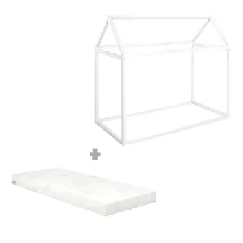 Pat pentru copii alb de tip casa din lemn de pin cu saltea/fara somiera 70x140 cm House Bed - Roba imagine