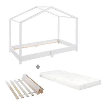 Pat pentru copii alb de tip casa din lemn masiv cu saltea/cu somiera 70x140 cm - Roba imagine