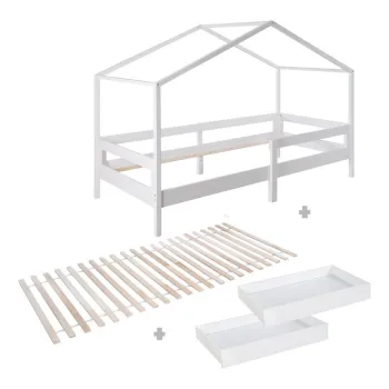 Pat pentru copii alb de tip casa din lemn masiv cu spatiu de depozitare cu somiera 90x200 cm - Roba imagine
