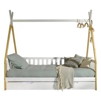 Pat pentru copii alb de tip casa din lemn masiv de pin cu spatiu de depozitare 90x200 cm TIPI - Vipack imagine