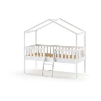 Pat pentru copii alb de tip casa/inalt din lemn masiv de pin 90x200 cm DALLAS - Vipack imagine