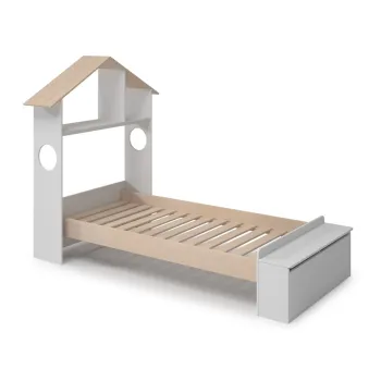 Pat pentru copii alb/natural de tip casa cu aspect de lemn de pin cu spatiu de depozitare 90x190 cm Odessa - Marckeric imagine
