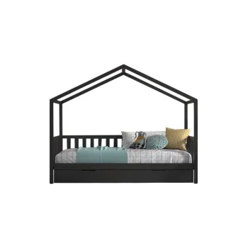 Pat pentru copii gri antracit de tip casa/cu extensie suplimentara din lemn masiv de pin cu spatiu de depozitare 90x200 cm DALLAS - Vipack imagine