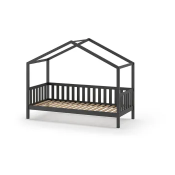 Pat pentru copii gri antracit de tip casa din lemn masiv de pin 90x200 cm DALLAS - Vipack imagine