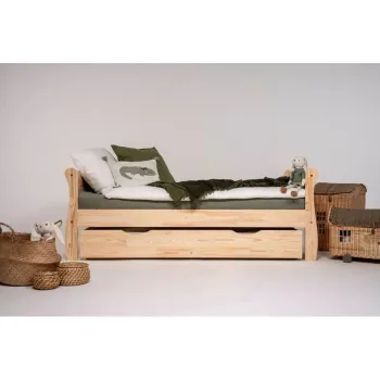 Pat pentru copii in culoare naturala cu extensie suplimentara din lemn de pin cu spatiu de depozitare cu somiera 90x200 cm Roma - Adeko imagine