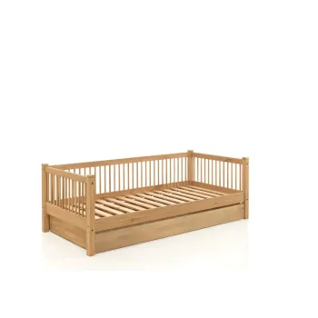 Pat pentru copii in culoare naturala cu extensie suplimentara din lemn de stejar cu spatiu de depozitare 90x200 cm Forrest - Vipack imagine