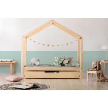 Pat pentru copii in culoare naturala de tip casa/cu extensie suplimentara cu spatiu de depozitare cu somiera 140x200 cm RM - Adeko imagine