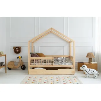 Pat pentru copii in culoare naturala de tip casa/cu extensie suplimentara din lemn de pin cu spatiu de depozitare 80x190 cm Mila RMW - Adeko imagine