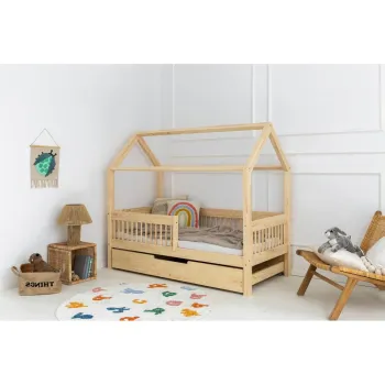 Pat pentru copii in culoare naturala de tip casa/cu extensie suplimentara din lemn de pin cu spatiu de depozitare 90x180 cm Mila MBW - Adeko imagine