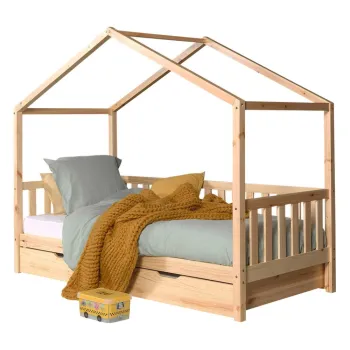 Pat pentru copii in culoare naturala de tip casa/cu extensie suplimentara din lemn masiv de pin cu spatiu de depozitare 90x200 cm DALLAS - Vipack imagine