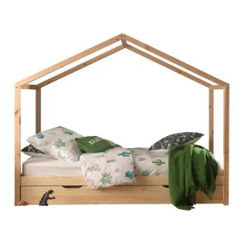 Pat pentru copii in culoare naturala de tip casa/cu extensie suplimentara din lemn masiv de pin cu spatiu de depozitare 90x200 cm DALLAS - Vipack imagine