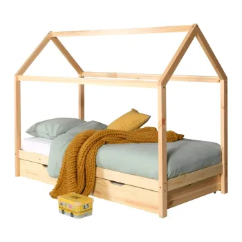 Pat pentru copii in culoare naturala de tip casa/cu extensie suplimentara din lemn masiv de pin cu spatiu de depozitare 90x200 cm DALLAS - Vipack imagine