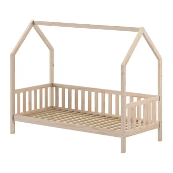 Pat pentru copii in culoare naturala de tip casa din lemn de pin cu somiera 90x200 cm Cabane - Vipack imagine