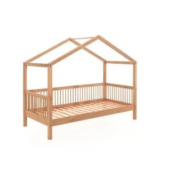 Pat pentru copii in culoare naturala de tip casa din lemn de stejar 90x200 cm Forrest - Vipack imagine