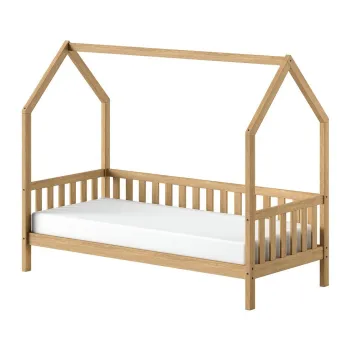 Pat pentru copii in culoare naturala de tip casa din lemn de stejar cu somiera 90x200 cm Cabane - Vipack imagine
