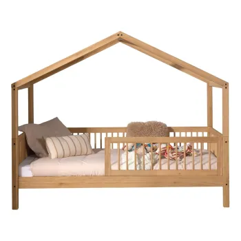 Pat pentru copii in culoare naturala de tip casa din lemn de stejar cu somiera 90x200 cm Forrest - Vipack imagine