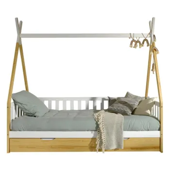 Pat pentru copii in culoare naturala de tip casa din lemn masiv de pin cu spatiu de depozitare 90x200 cm TIPI - Vipack imagine