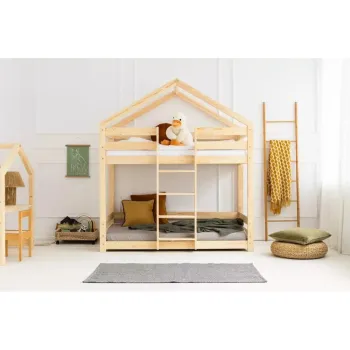 Pat pentru copii in culoare naturala de tip casa/supraetajat cu somiera 90x180 cm DMPN - Adeko imagine