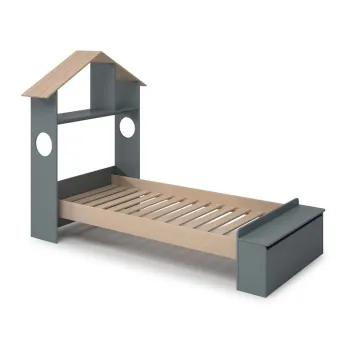 Pat pentru copii verde/natural de tip casa cu aspect de lemn de pin cu spatiu de depozitare 90x190 cm Odessa - Marckeric imagine