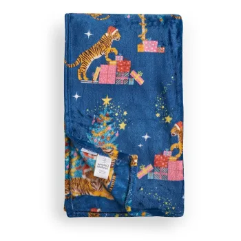 Patura albastra din microplus/cocolino 130x170 cm cu model de Craciun Christmas Tiger - Catherine Lansfield imagine