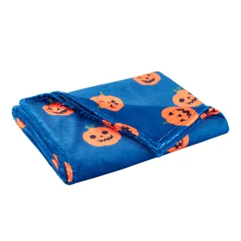 Patura albastra/portocalie din microplus/cocolino 130x170 cm cu model de Halloween Halloween Pumpkins - Catherine Lansfield imagine