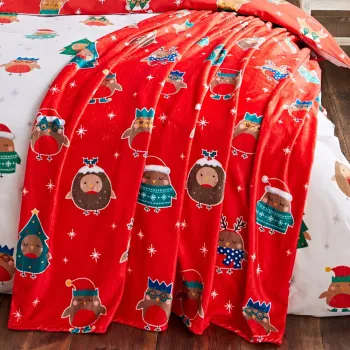 Patura rosie din microplus/cocolino 130x170 cm cu model de Craciun Party Robins - Catherine Lansfield imagine