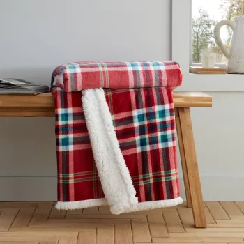 Patura rosie din sherpa 130x170 cm Kelso Check - Catherine Lansfield imagine
