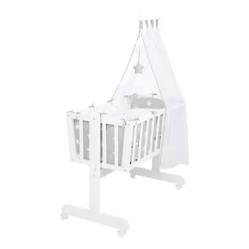 Patut leagan alb cu roti si baldachin 40x90 cm Little stars - Roba imagine