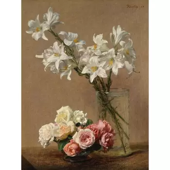 Reproducere tablou Henri Fantin-Latour - Roses and Lilies, 45 x 60 cm imagine