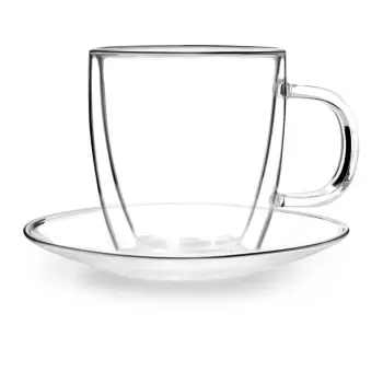 Set 2 pahare din sticla cu perete dublu si farfurioara Vialli Design, 250 ml imagine