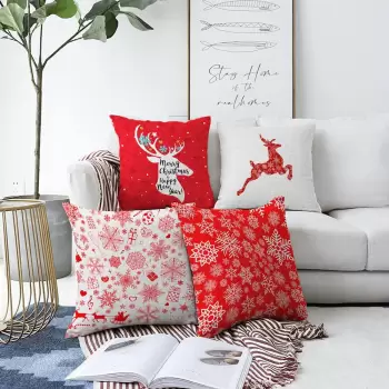 Set 4 fete de perna din chenille cu model de Craciun Minimalist Cushion Covers Christmas Reindeer, 55 x 55 cm imagine