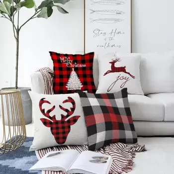 Set 4 fete de perna din chenille cu model de Craciun Minimalist Cushion Covers Christmas Tartan, 55 x 55 cm imagine
