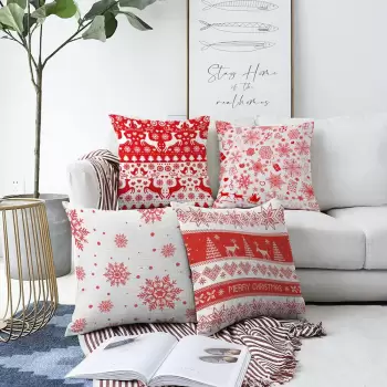 Set 4 fete de perna din chenille cu model de Craciun Minimalist Cushion Covers Red Snowflakes, 55 x 55 cm imagine