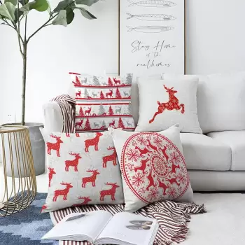 Set 4 fete de perna din chenille cu model de Craciun Minimalist Cushion Covers Reindeer, 55 x 55 cm imagine