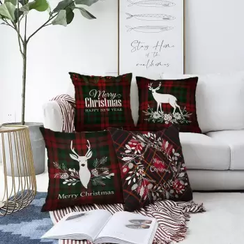 Set 4 fete de perna din chenille cu model de Craciun Minimalist Cushion Covers Tartan Merry Christmas, 55 x 55 cm imagine