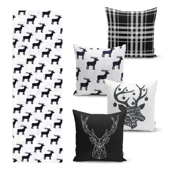 Set 4 fete de perna si un napron de masa cu model de Craciun Minimalist Cushion Covers Reindeer and Stars imagine