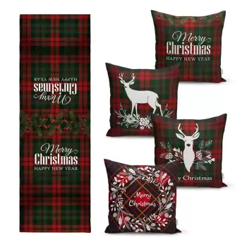Set 4 fete de perna si un napron de masa cu model de Craciun Minimalist Cushion Covers Tartan Christmas imagine