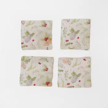 Set 4 suporturi pentru pahare din in cu model de Craciun Linen Tales Bells, 10 x 10 cm imagine