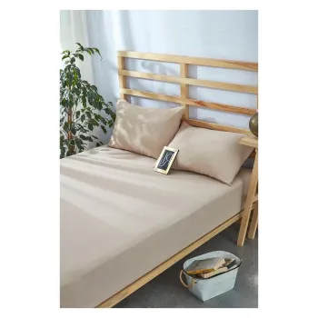 Set cearsaf si fata de perna bej din bumbac cu elastic 180x200 cm - Mila Home imagine