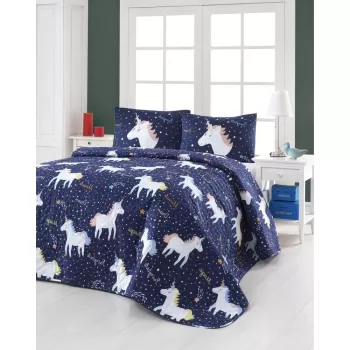 Set cuvertura matlasata si 2 fete de perna Eponj Home Magic Unicorn Dark Blue, 200 x 220 cm imagine