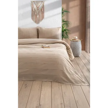 Set cuvertura si fete de perna bej din bumbac 210x220 cm Sedef - Mijolnir imagine
