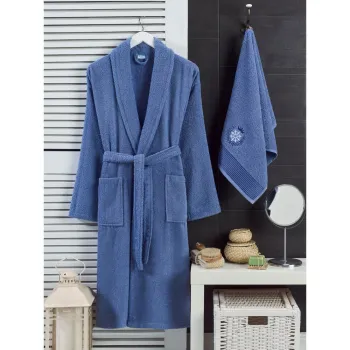 Set halat de baie si prosop albastru S/M din bumbac - Mila Home imagine