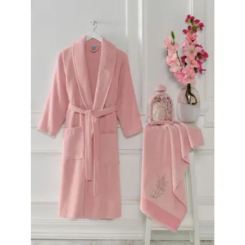Set halat de baie si prosop roz S/M din bumbac - Mila Home imagine