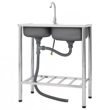 Chiuveta de camping, cuva dubla, cu robinet, otel inoxidabil imagine